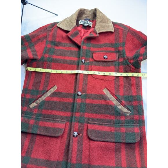 vtg Forenza Women's Size 4 Red plaid Wool Coat 80s/90s Wood Buttons Suede Collar - Picture 5 of 16